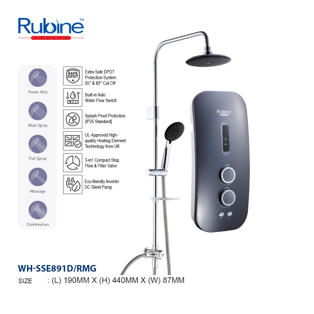 RUBINE RWH-SSE891D-RCB/RWH-SSE891D-RMP/RWH-SSE891D-RMG RAIN SHOWER INVERTER  DC SILENT PUMP INSTANT WATER HEATER | Cima Wholesale Sdn Bhd